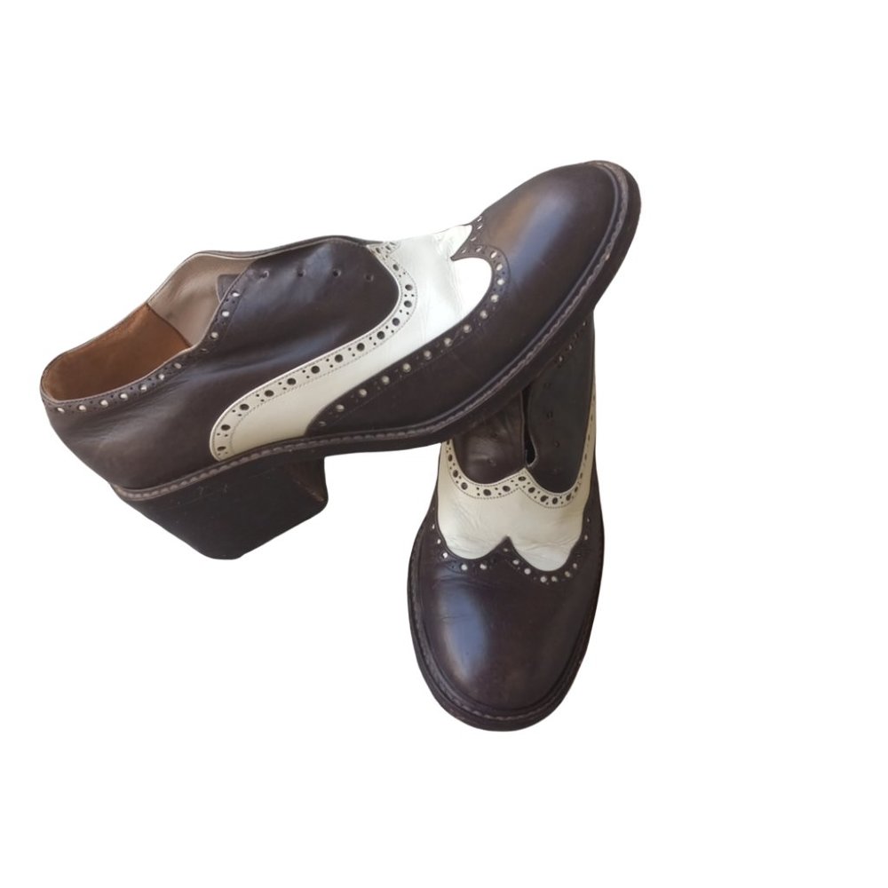 Via Spiga Brown and White Two-Tone Leather Heels